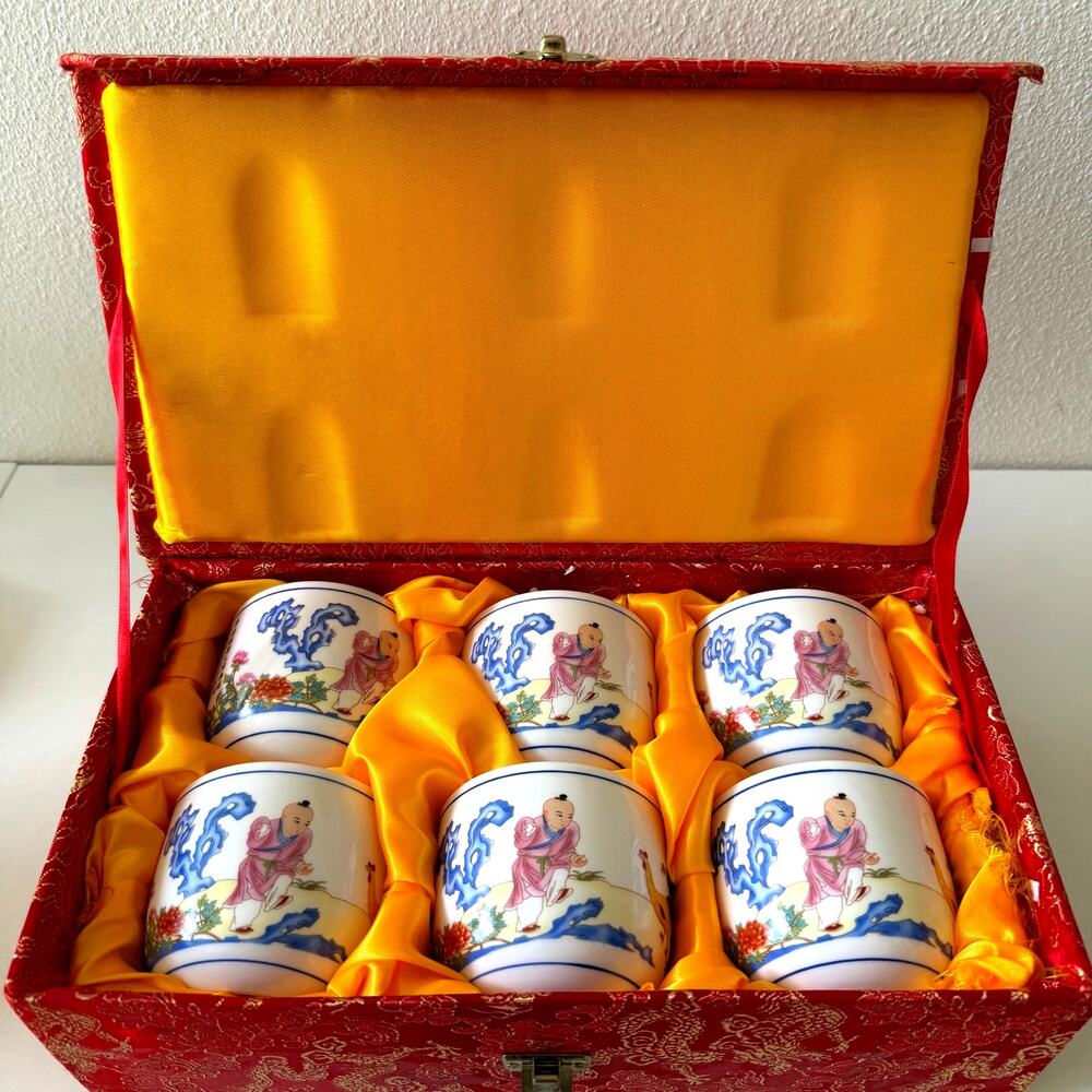 Chinese Qianlong Style Boy & Chicken Porcelain Cups Set of 6 Boxed Famille Rose